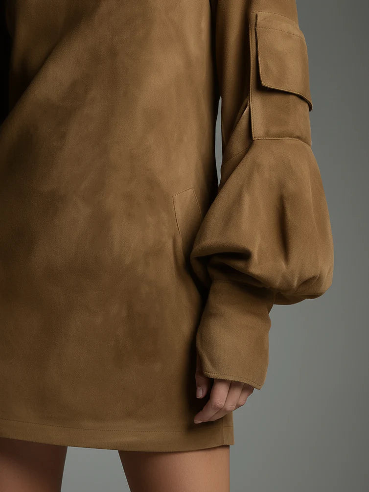 Vintage Suede Mini Kjole med Høj Krave Nustrella