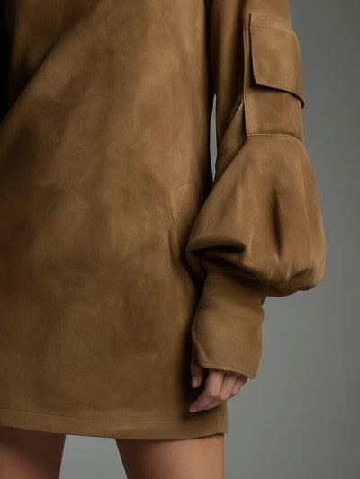 Vintage Suede Mini Kjole med Høj Krave Nustrella