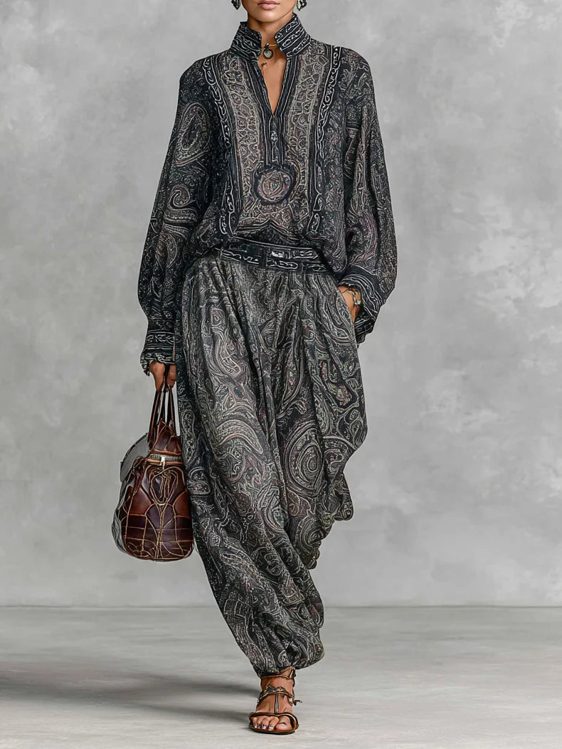 To-delt Sæt med Vintage Paisley Print: Langærmet Skjorte og Bukser Nustrella