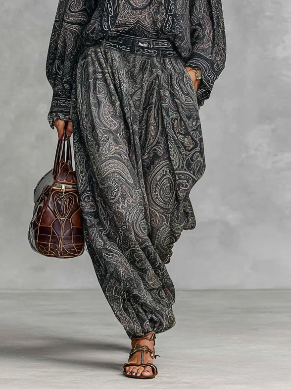 To-delt Sæt med Vintage Paisley Print: Langærmet Skjorte og Bukser Nustrella