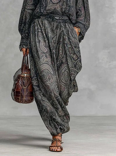 To-delt Sæt med Vintage Paisley Print: Langærmet Skjorte og Bukser Nustrella