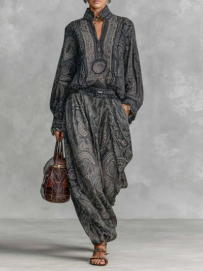 To-delt Sæt med Vintage Paisley Print: Langærmet Skjorte og Bukser Nustrella